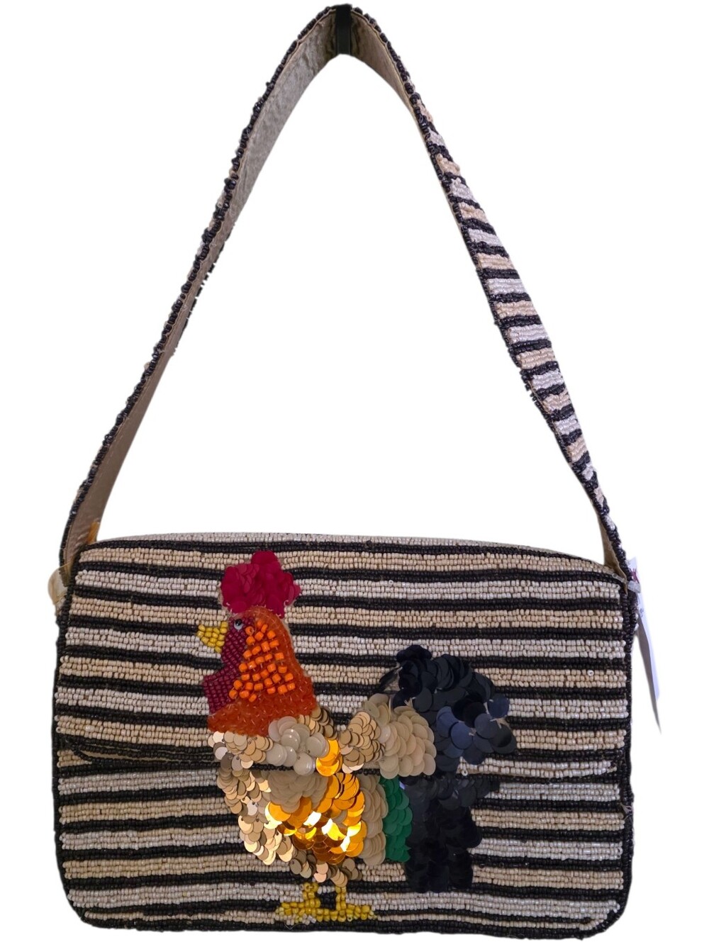NEW Rooster Chicken Beaded Brown Cream Striped Metallic Sequin Shoulder Bag NWT